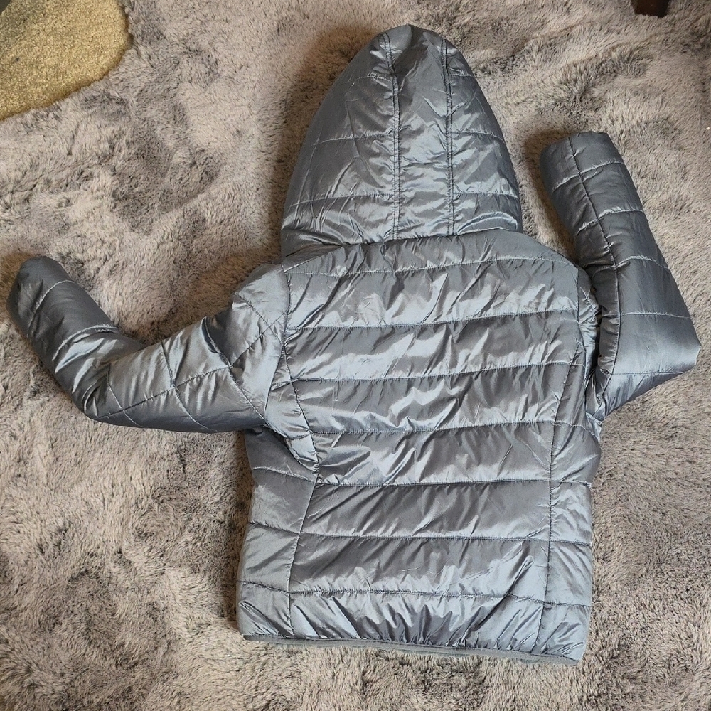 SAVE THE DUCK reversible Faux Fur Puffer Jacket hood- Grayish blue Laila - Picture 5 of 15